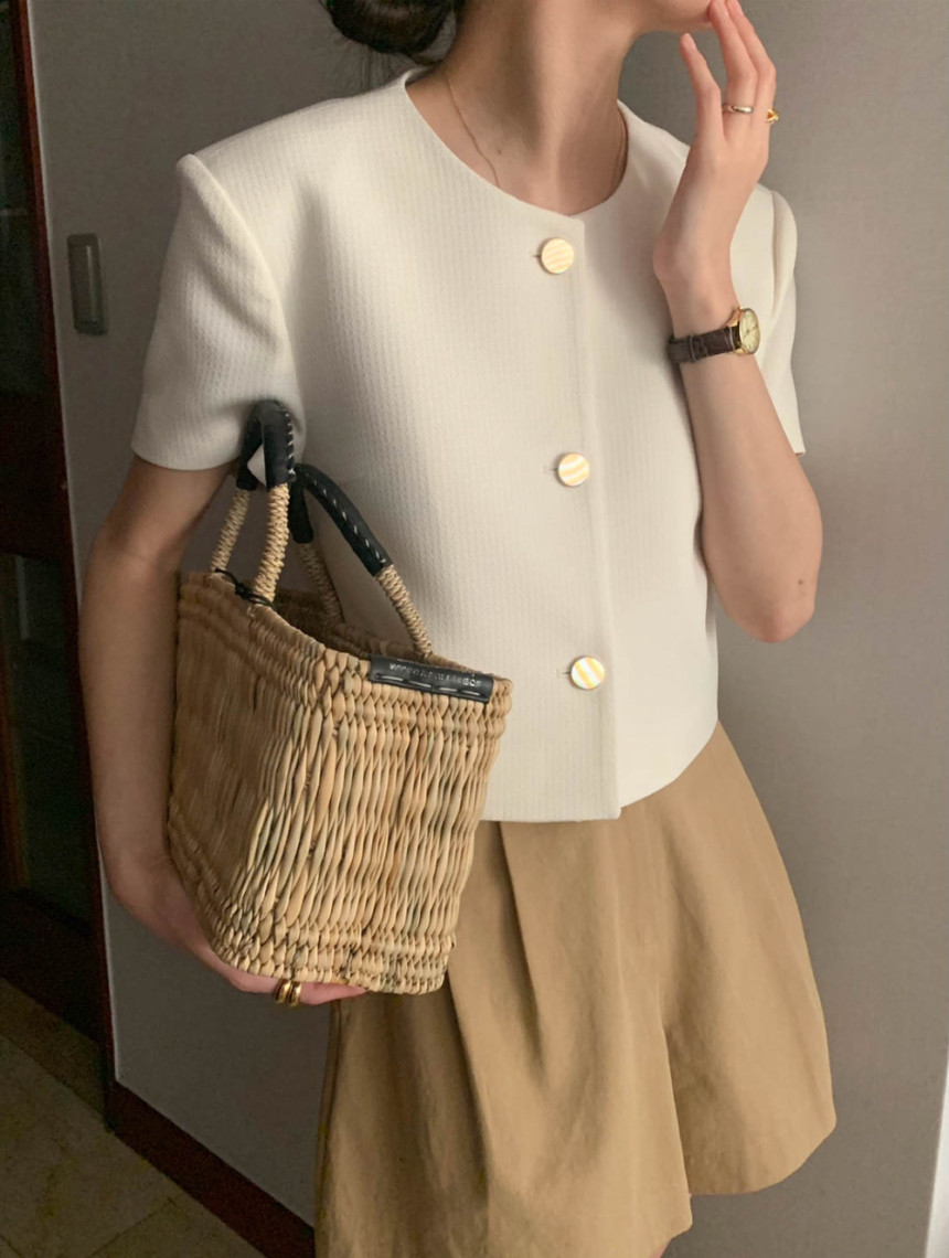 Corea del Sur chic verano estilo chanel cuello redondo de un solo pecho casual todo partido manga soplo abrigo corto de las mujeres chal