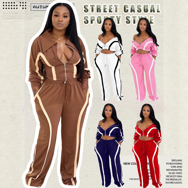 Women's Fashionable Casual Sports Two-Piece Set: Zip-Up Short Top + Loose Wide-Leg Pants Streetwear Set Sy009