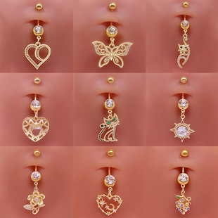 Gaibei cross-border heart-shaped butterfly navel ring sticky diamond flower cat multiple puncture jewelry stainless steel navel accessories