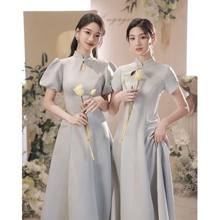Gray Chinese-Style Bridesmaid Dress 2025 New Satin Simple Elegant Petite Sister Group Dress Suitable for Everyday Wear