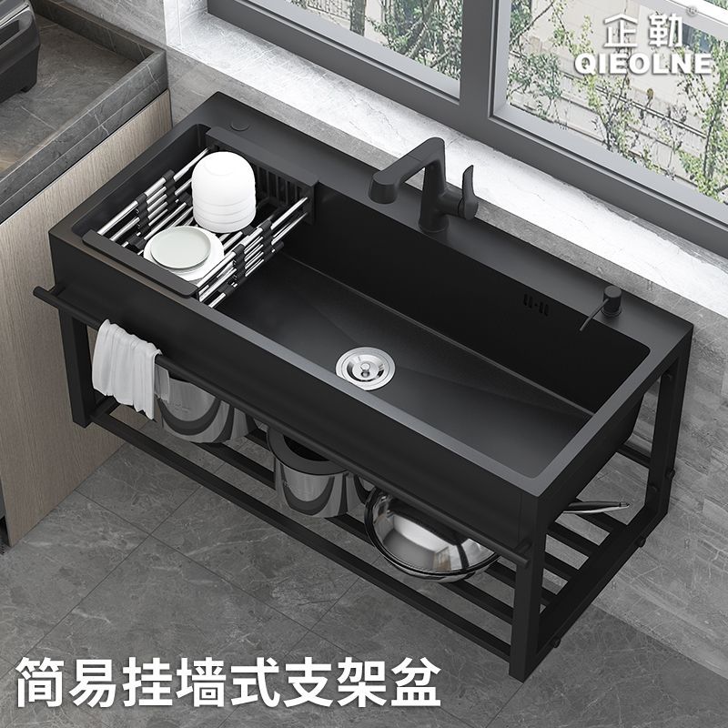 c下黑色水槽带挂架单槽家用一体落地式洗菜盆厨房双槽不锈钢洗碗