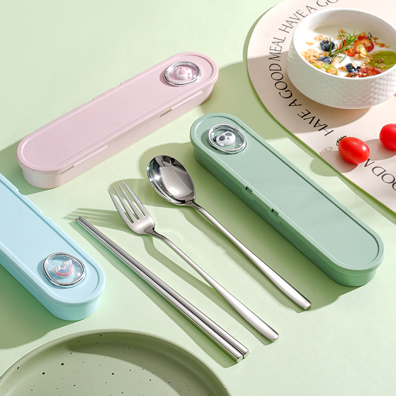 2025 새로운 316 스테인리스 휴대용 식기 숟가락 젓가락 세트 야외 여행 3 조각 학생 식기