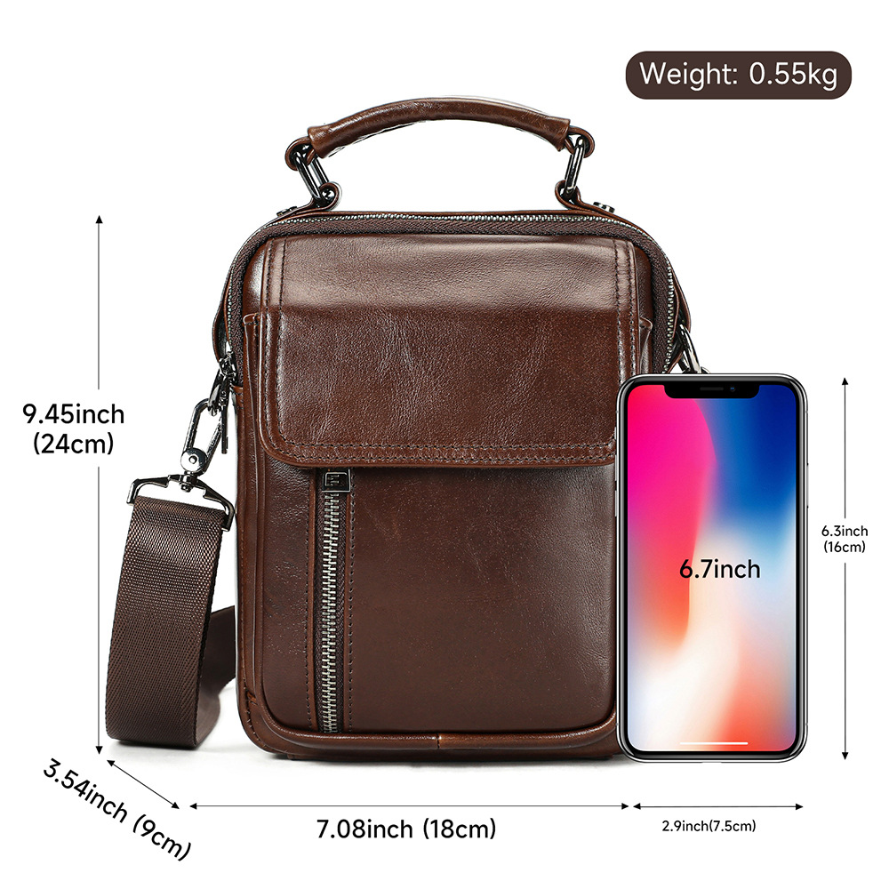 Túi đeo chéo nam da thật phong cách casual kiểu nắp gập, dáng vuông nhỏ tiện lợi — Đen, Nâu, 18*9*24cm