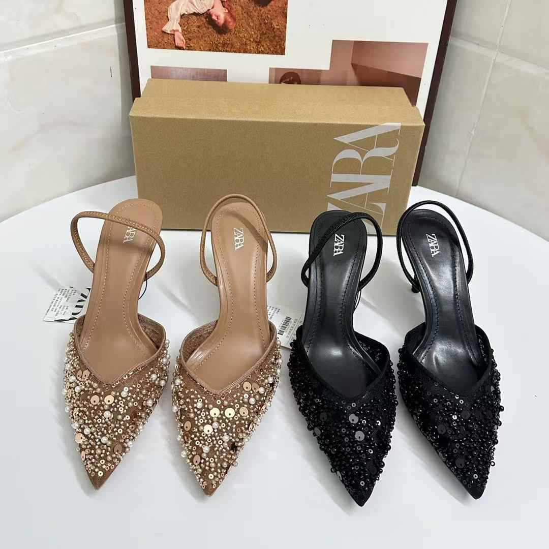 Zar Summer New Pointed Toe Shallow High Heels with Beaded Embellishments, Mesh Back Strap, Closed-Toe Stiletto Sandals for Women