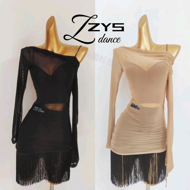 Adult Dance Clothing Latin Dance Clothing for Women with Black Skin, Brown Coffee Color, Slanted Shoulder Mesh Drawstring Long-Sleeved Tops, Teaching Sportswear
