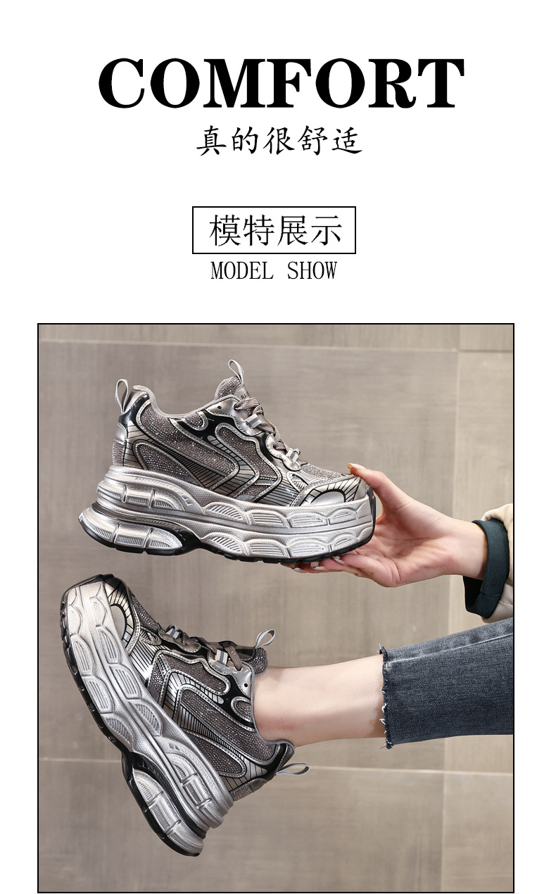 Giày sneaker nữ đế dày tăng chiều cao phối đá rhinestone — Màu đen chi tiết 14