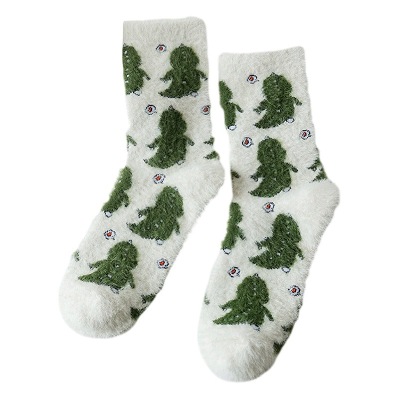 Теплые и утолщенные женские носки из норкового вельвета с мультяшным принтом для осени и зимы TikTok, носки для сна, домашние носки, носки до середины икры на флисовой подкладке из пятнистого молочного вельвета.