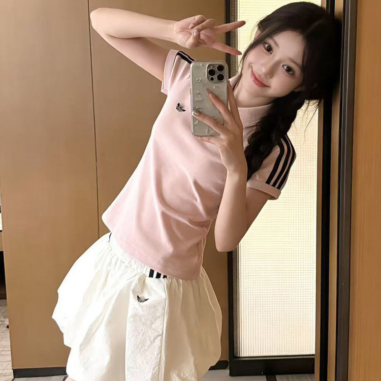 Cross-border clover embroidered polo shirt for women, new summer style, sweet, versatile, casual short-sleeved T-shirt, collared, slimming top.