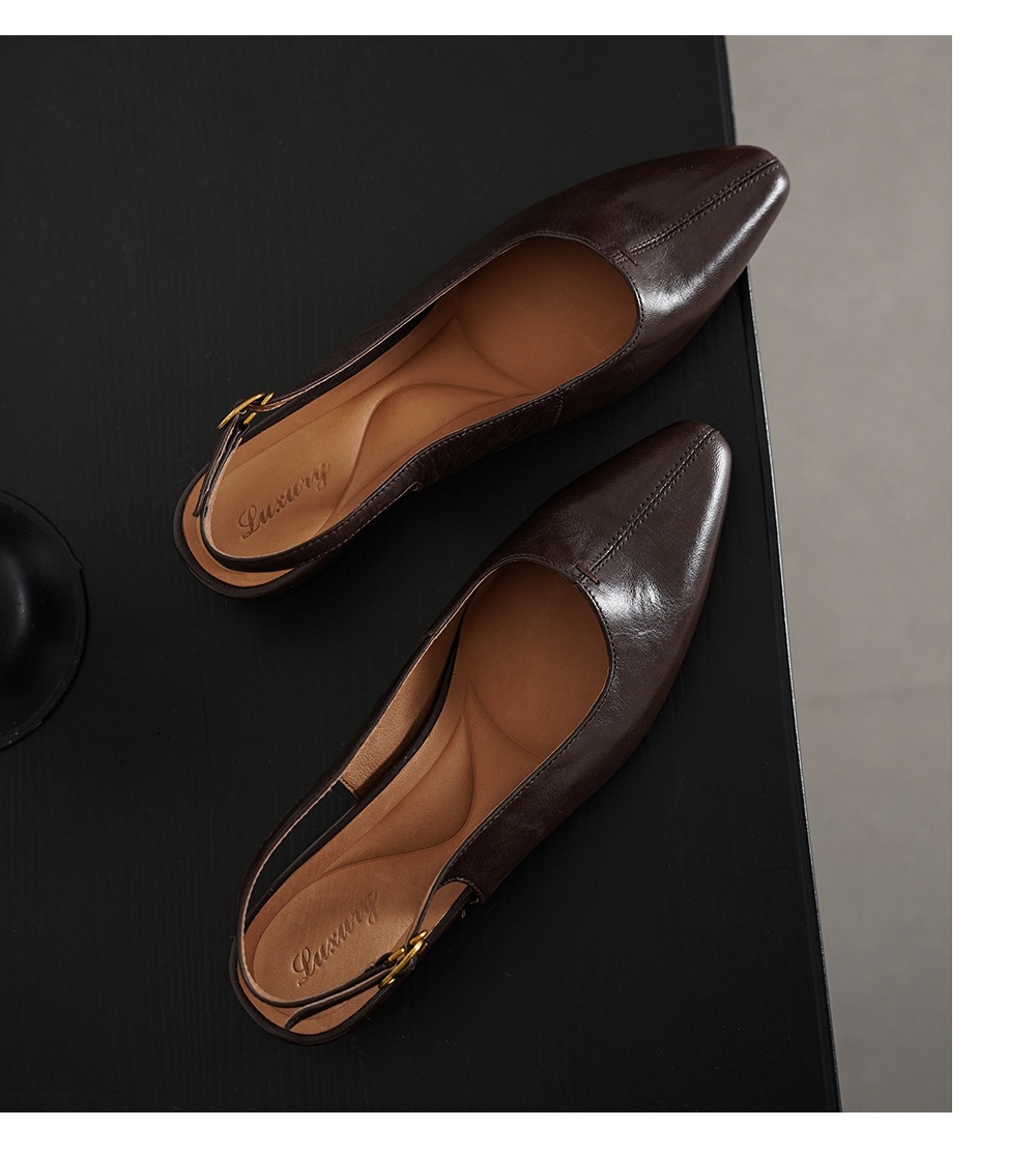 Sandal nữ da cừu mũi nhọn quai chữ V đế bệt — màu nâu chi tiết 16