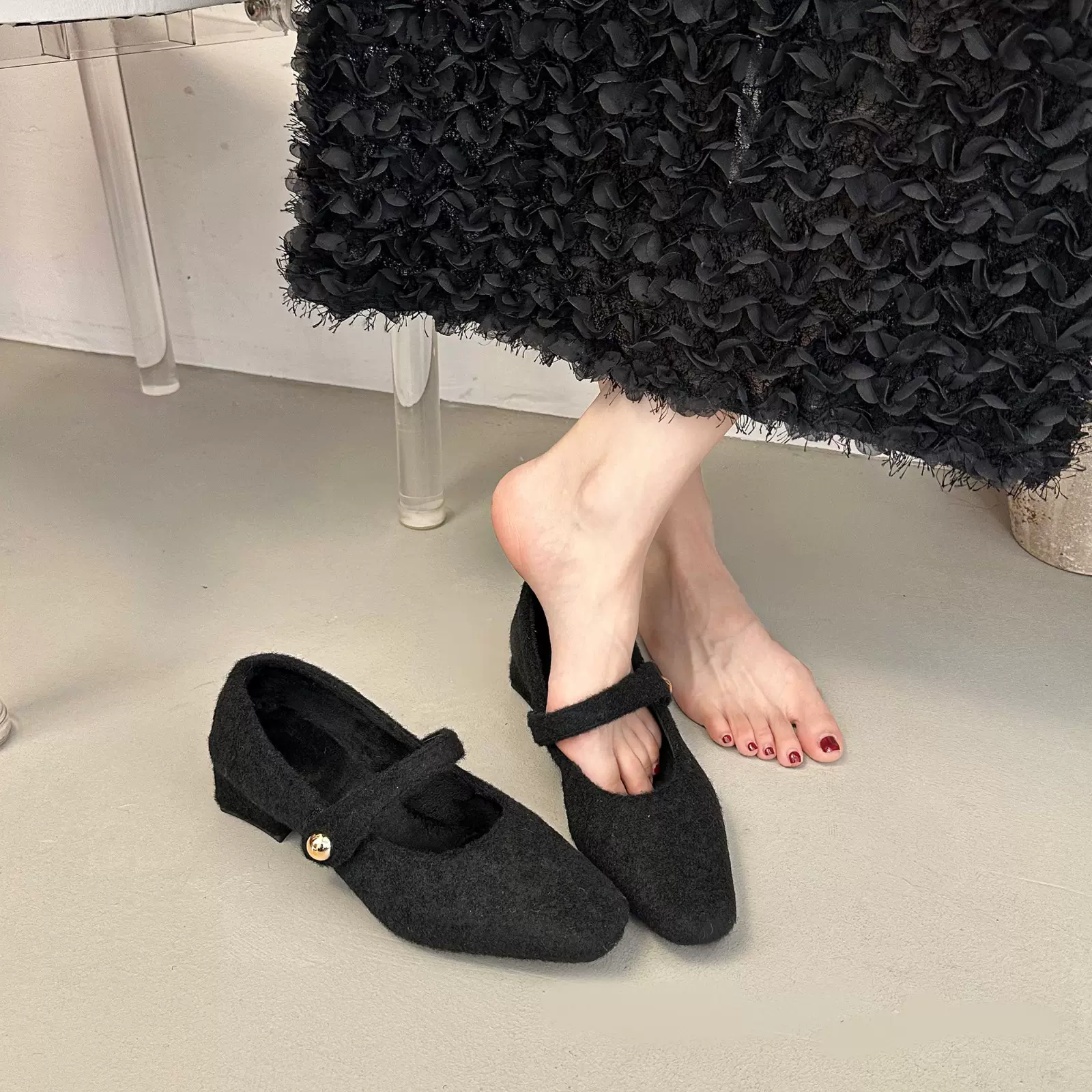 2025新款秋冬季毛毛鞋外穿百搭棉鞋粗跟方头加绒玛丽珍单鞋女鞋子