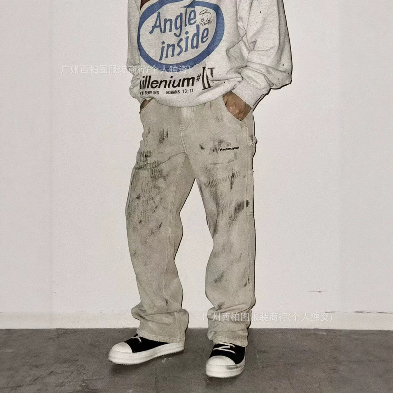 False Perception 26Ss Dirty Ink-Splattered Distressed Washed Carhartt Casual Work Pants Trendy Brand False Perception 26Ss Dirty Ink-Splattered Distressed Washed Carhartt Casual Work Pants Trendy Brand