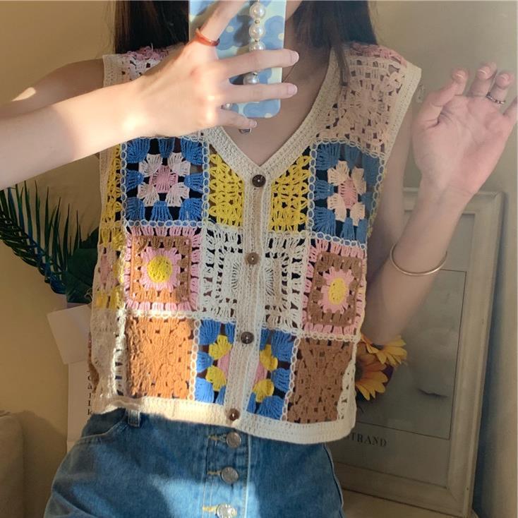 Summer [Spice Girls' Outwear] Bohemian Short Sleeveless Hollow Vest Slimming Knitted Spice Girls' Ethnic Style Vest