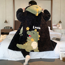 带帽情侣夹棉睡衣女睡袍冬季卡通男女加绒加厚长款三层棉家居服