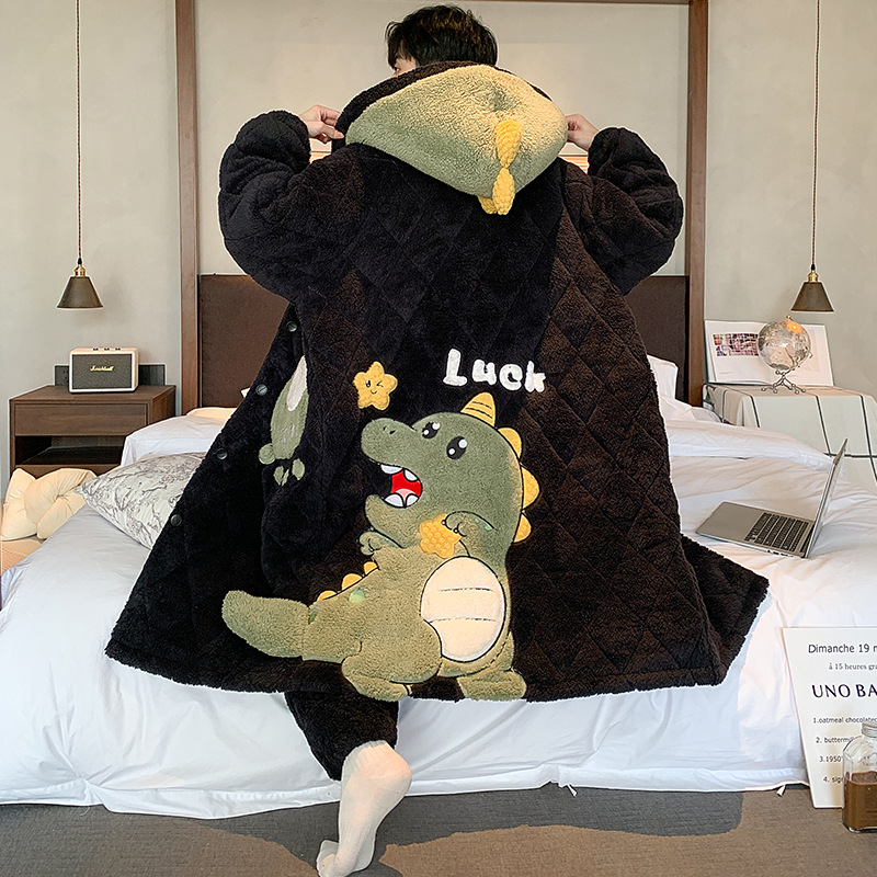 带帽情侣夹棉睡衣女睡袍冬季卡通男女加绒加厚长款三层棉家居服