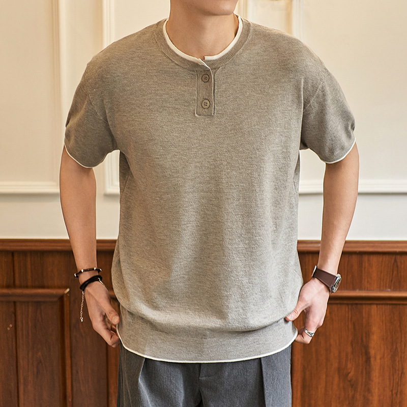 ZH8102-MW男女同款潮牌拼接时尚通勤假两件亨利领针织短袖T恤,男装针织衫/毛衣,星座614