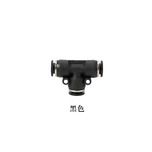 Pneumatic component PE8/PE12 quick-connect air fitting, PET-type straight three-way connector—available in sizes PE4, PE6, PE10, and PE16.