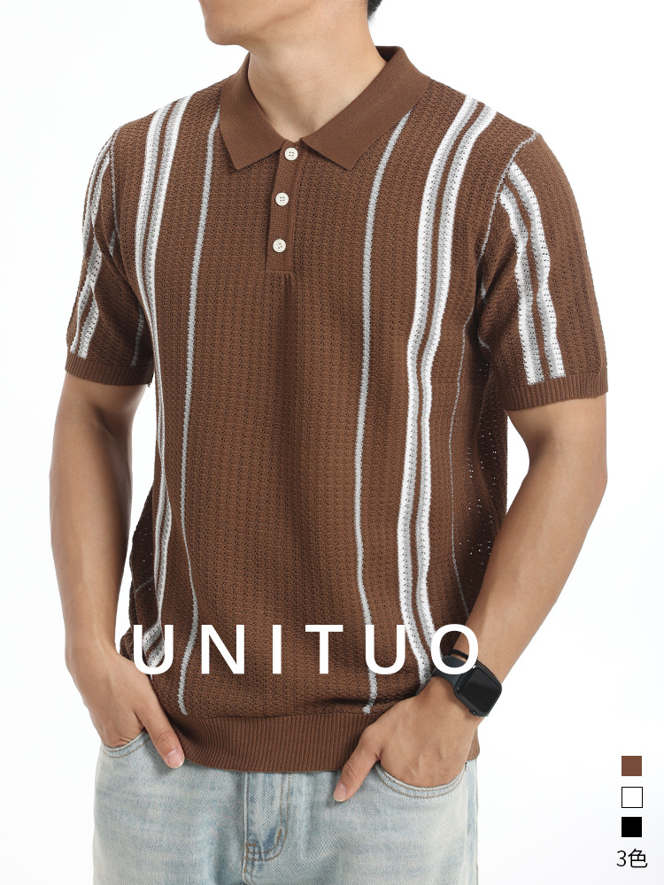 Vintage americano para hombres con rayas contrastantes de punto polo de hielo para hombres lujo ligero camiseta de lujo de alto nivel para hombres