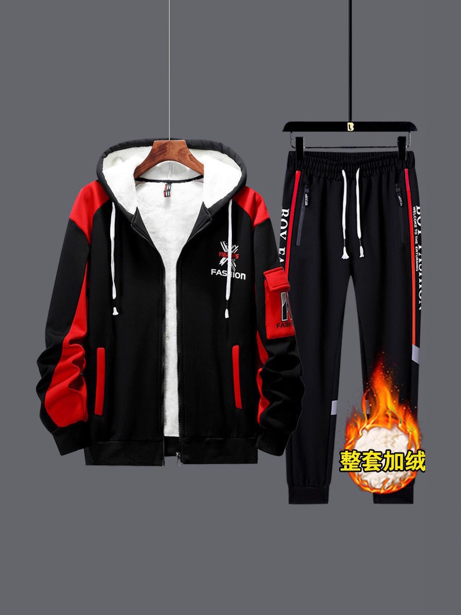 Invierno juvenil con camisa encapuchada gruesa, camiseta, pantalones casuales, ropa de moda al aire libre, hombre