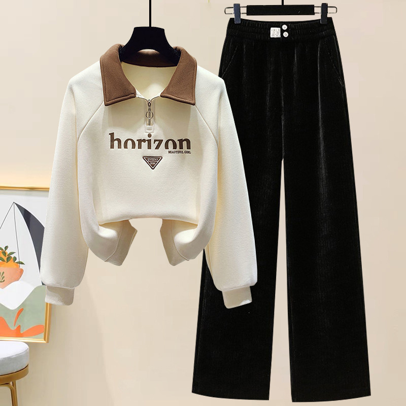Casual pants suit #2024 spring and autumn long sleeve contrast color loose stitching lazy Wei Yi wide leg pants two-piece tide