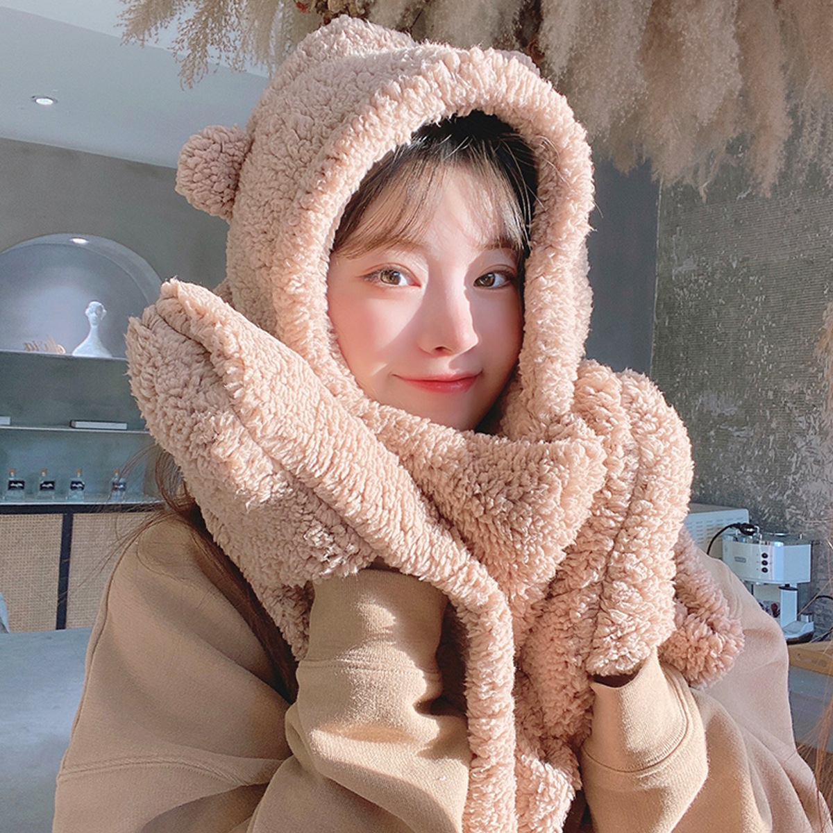 Sciarpa con orecchie d'orso invernali, cappello, guanti, sciarpa con cappuccio integrata, carina, versatile, in peluche, per donne, tendenza invernale_voghion.com