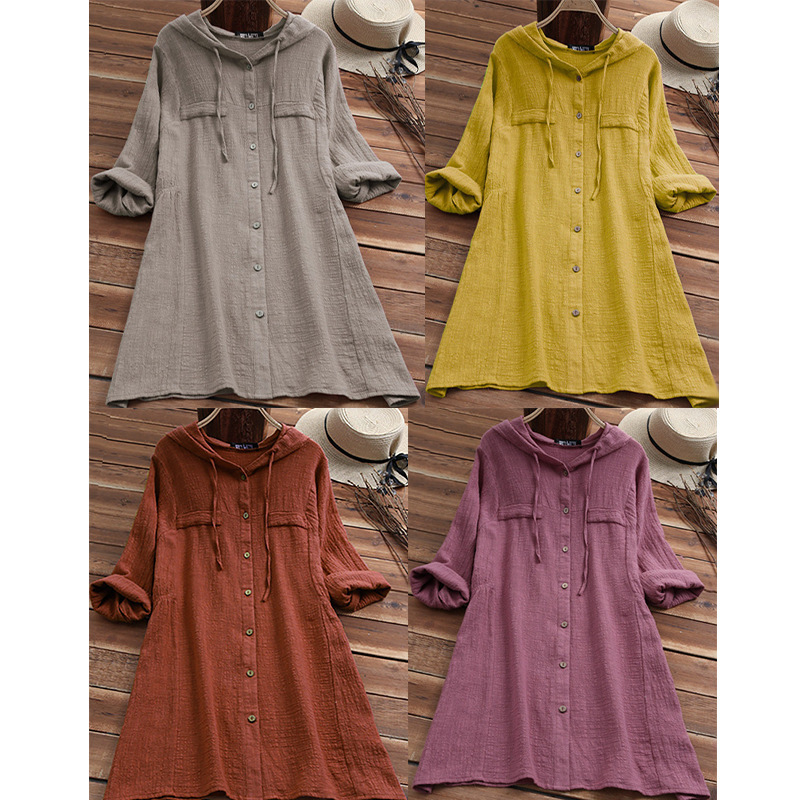 Cross-border Amazon new cotton and linen solid color loose plus size hooded long sleeve cardigan shirt