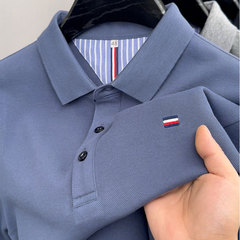 2025 長袖 Tシャツメンズ秋無地ピケコットンラペルカジュアルルーズ通気性中年ポロシャツ紳士服
