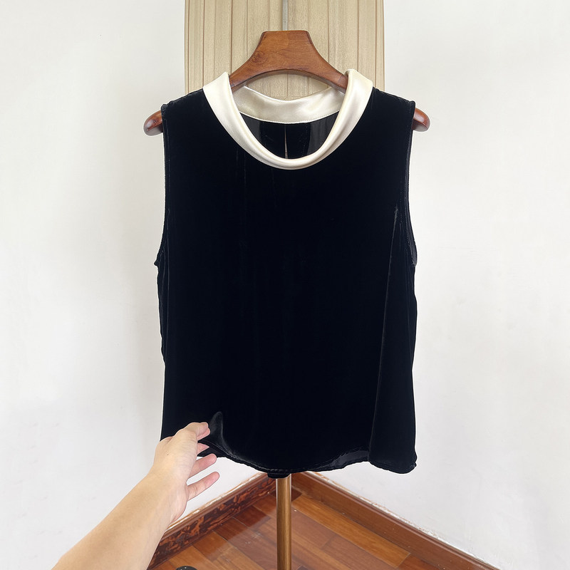 100% Silk Velvet Sleeveless Vest for Women, Summer Thin Style, High-End Feel, Contrasting Color Collar, Mulberry Silk, Elegant Socialite Top 100% Silk Velvet Sleeveless Vest for Women, Summer Thin Style, High-End Feel, Contrasting Color Collar, Mulberry Silk, Elegant Socialite Top