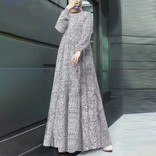 Spot New Cross-Border Middle Eastern Muslim Comfortable Casual Polka Dot Long-Sleeved Pullover Loose Waist Long Dress