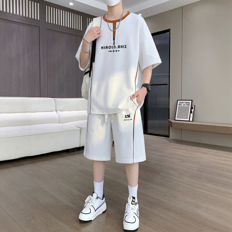 Youth Short-Sleeved Shorts for Men in Summer, Junior High School and High School Students' Ice Silk Cool Summer Casual Sports Suit for Older Children