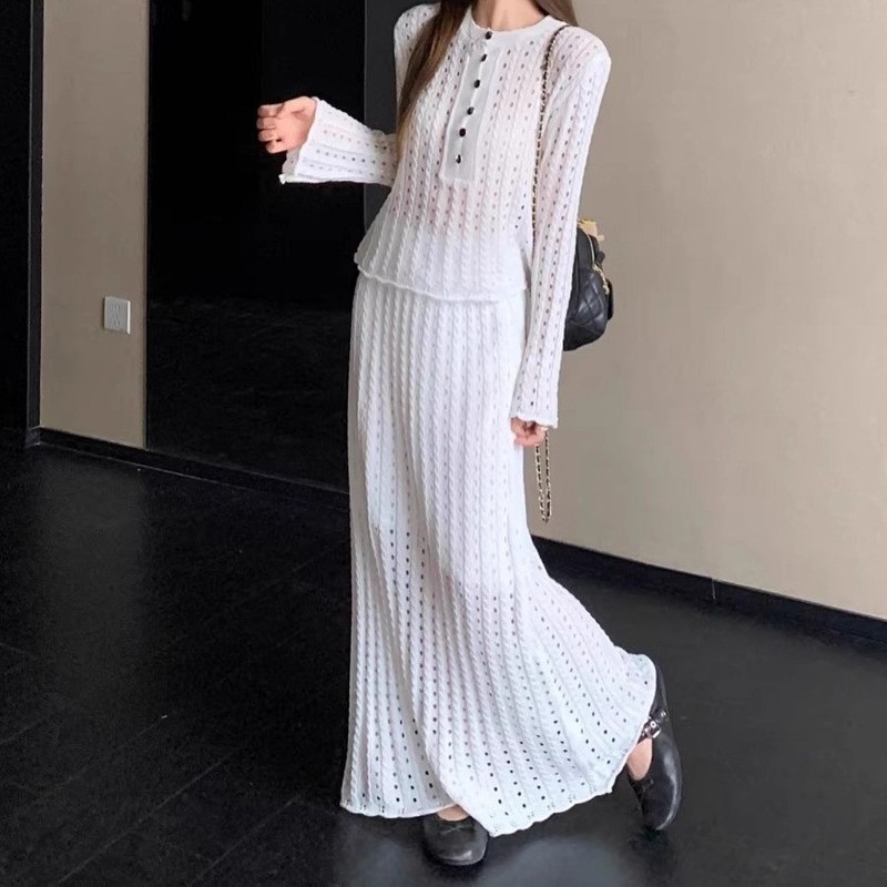 设计感白色镂空长袖针织衫女装秋季2025新款显瘦半身裙长裙两件套|undefined