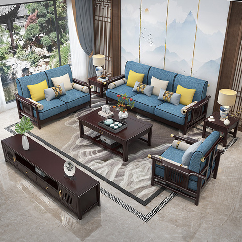 New Chinese style solid wood sofa combination modern simple Chinese style wood plus cloth sofa hotel villa living room furniture