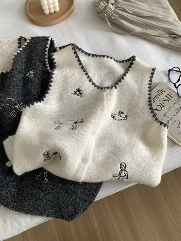韩系卡通刺绣无袖针织马甲背心女秋冬时尚减龄显瘦叠穿马夹上衣潮|undefined