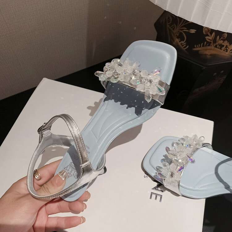 Sandal cao gót nữ mũi nhọn đính cườm da bò, gót nhọn 9 cm — Màu đen, Màu xanh lam chi tiết 12