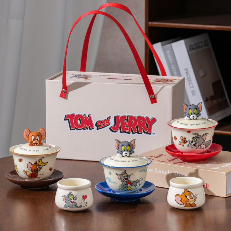 Gato y ratón juego de té doméstico 2025 nuevo tazón de té de cerámica caja de regalo de alto valor de cara para un tazón de taza de té