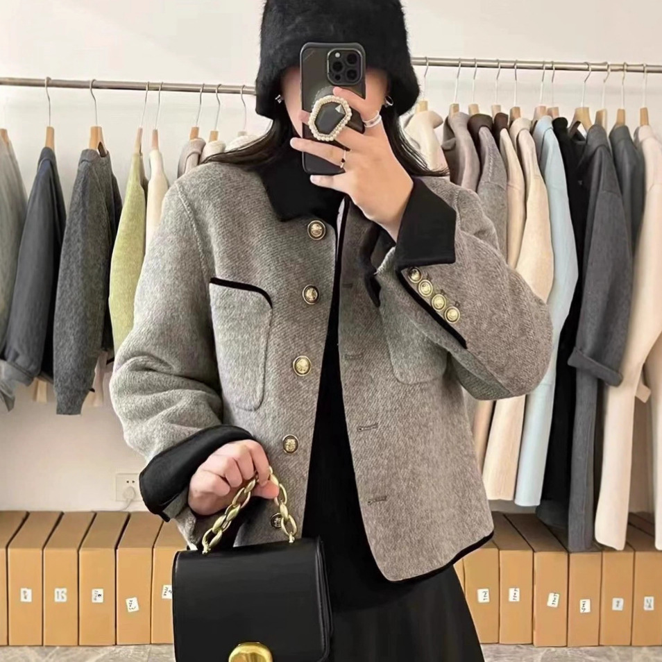 Nanyou 독특한 가을 겨울 양면 캐시미어 코트 여성 짧은 한국 스타일 대비 색상 작은 모직 코트