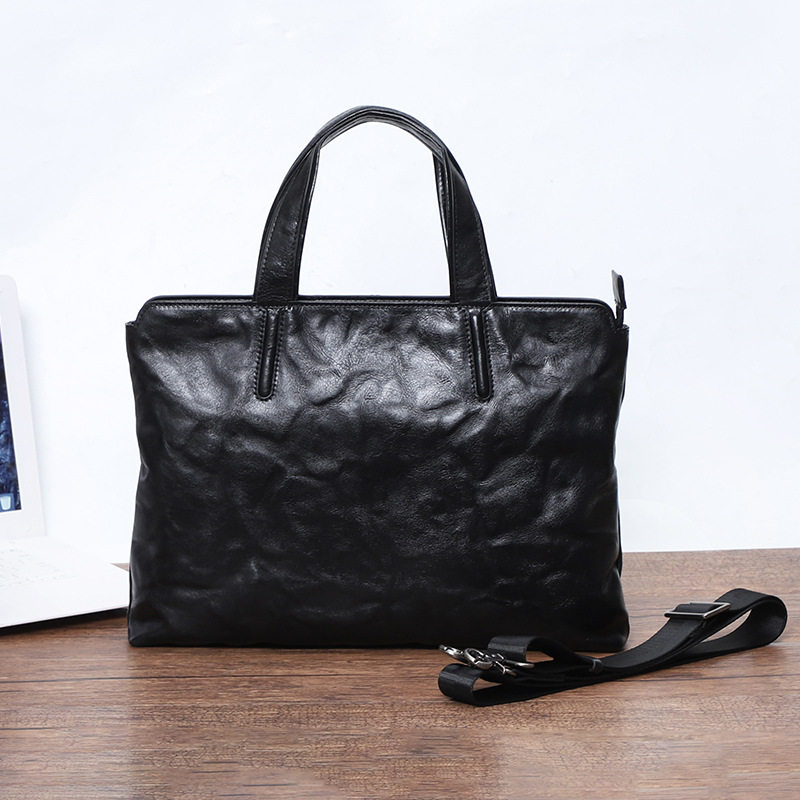 Túi xách tay nam da bò thật 37×7×26 cm kiểu công sở có quai đeo chéo — Màu đen
