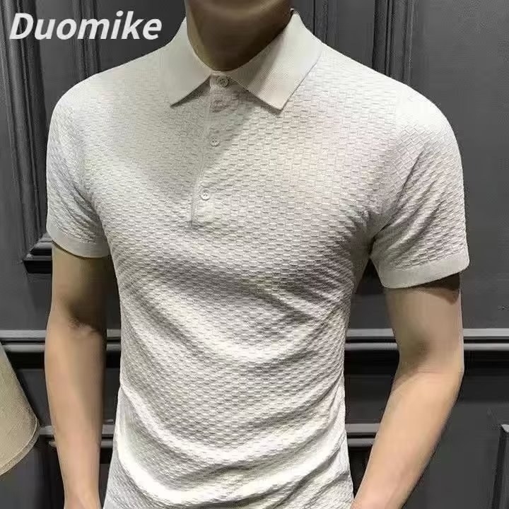 Nueva Camiseta de manga corta de seda de hielo a rayas casual ropa superior de los hombres delgados simples suéter de moda