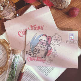 复古牛皮圣诞贺卡圣诞节礼品卡可爱卡通对折卡片祝福留言卡带信封