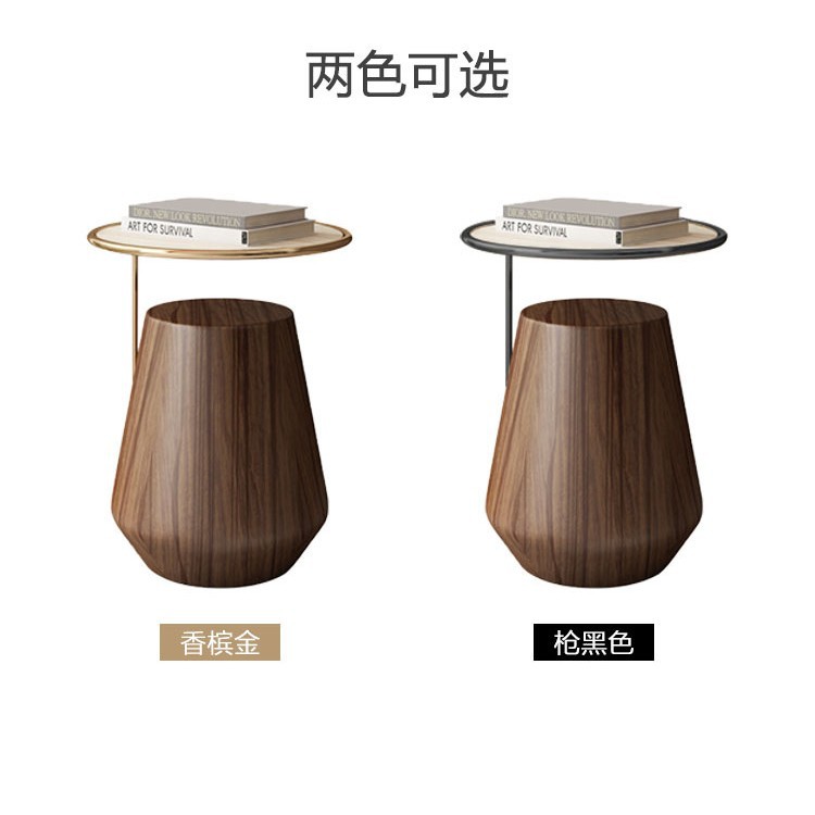 Mesa lateral de losa de roca de lujo ligero, sofá de sala de estar, esquina móvil redonda minimalista, diseño de cabecera, mesa de centro pequeña de nogal