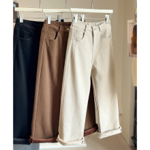 米白色牛仔棉休闲窄版直筒裤女冬九分加绒加厚高腰显瘦小个子长裤