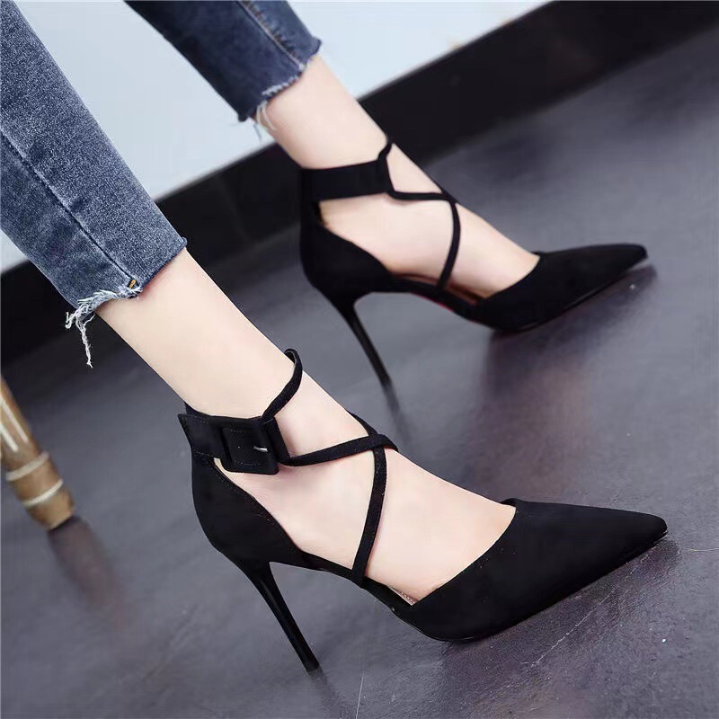 Sexy Pointed Toe High Heels for Women 2025 Spring New Elegant Cross Strap Flats Suede Stiletto Heel Shallow Mouth Women's Shoes