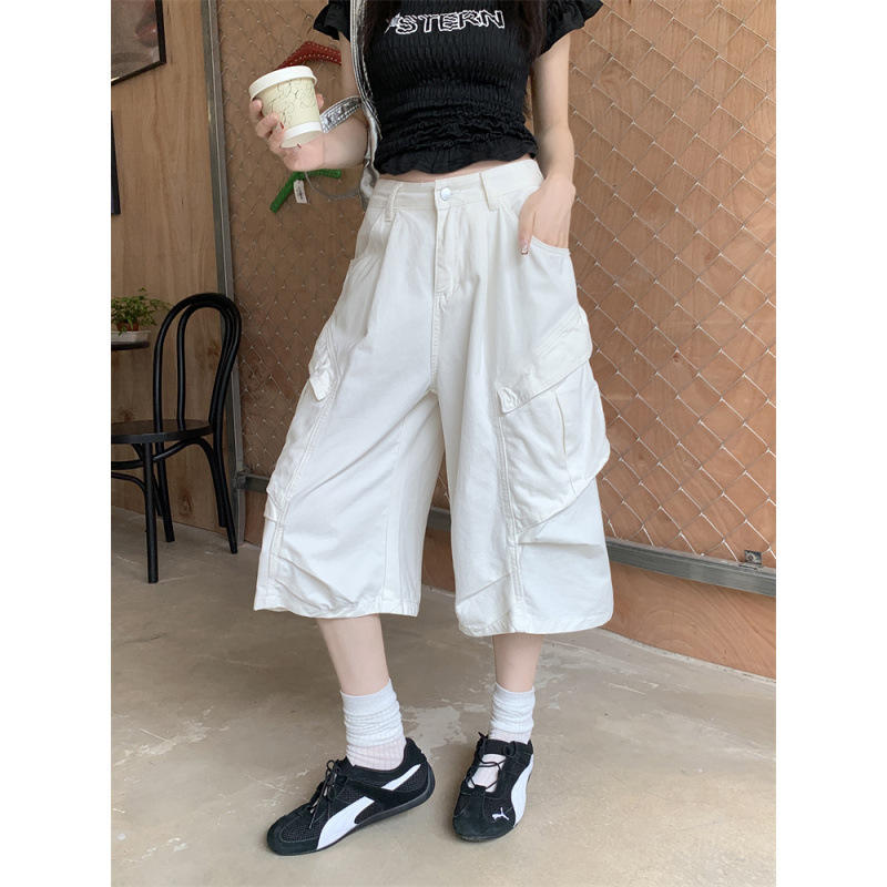 Real Shot Real Price~American High Street Large Flap Pocket Pants Work Jeans Women's High Waist Loose Design Wide Leg Cropped Pants