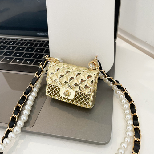 Women's Small Scandalous Style Metal Engraved Mini Pearl Chain Gingham Crossbody Bag Necklace Accessory Bag  Model