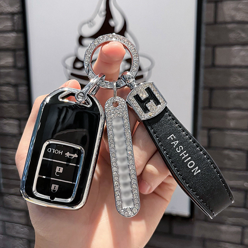 BT 키 P 모델 - 스마트 3버튼 [싱글 쉘 블랙] + 블랙 H 가죽 로프 다이아몬드 버클 + 실버 번호판