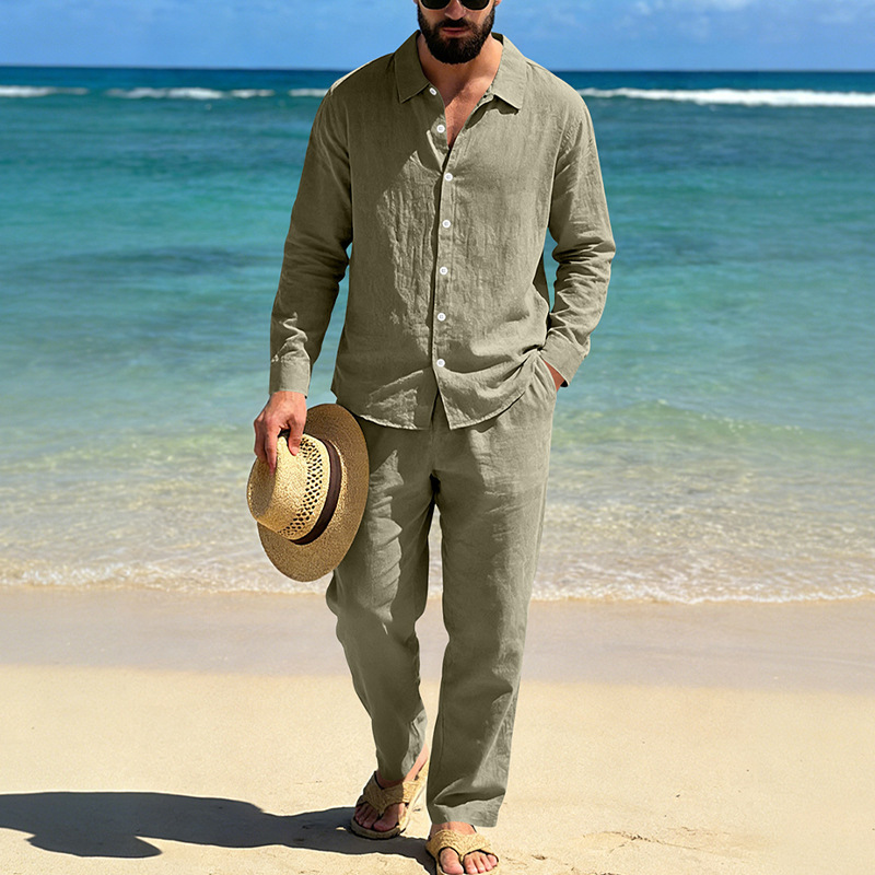 Set camicia in lino da uomo maniche lunghe completo casual mare_voghion.com