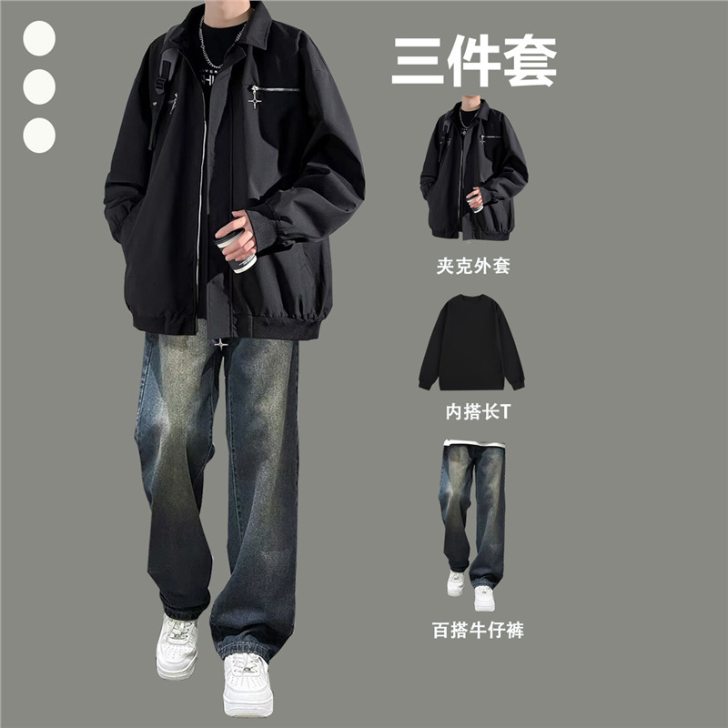 Autumn New Jacket Boys Casual Suit Teenagers Loose Jacket Jacket with Jeans Complete Set
