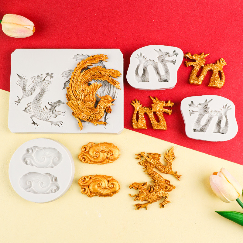 Patrón de dragón y Fénix de estilo chino Dragon Xiangyun molde de silicona pastel fondant borde molde de hornear epoxi aromaterapia molde de yeso