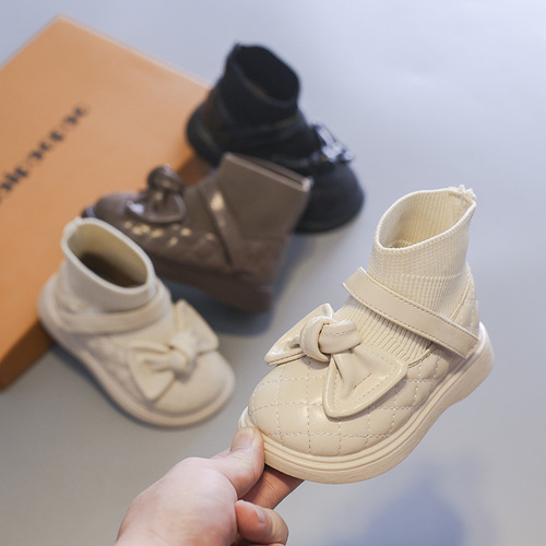 Girls' Martin boots  autumn and winter new style children's socks boots female baby short boots soft sole children's small leather shoes