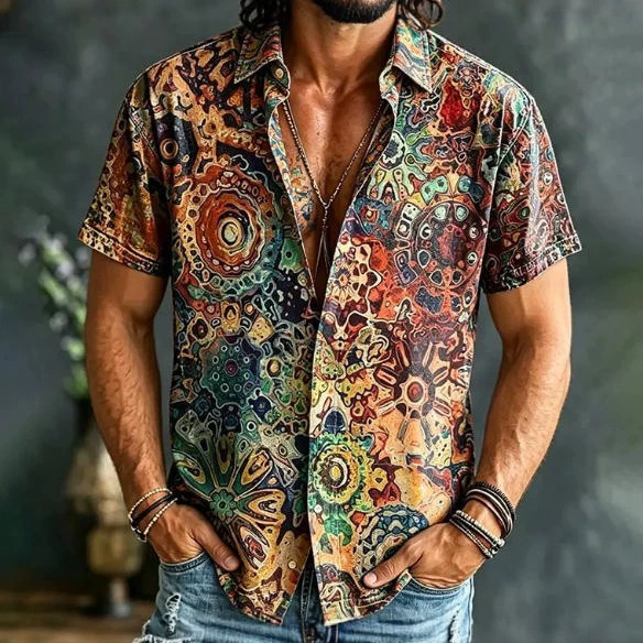 Temu Large Size Trendy Fashion Summer Men's Short-Sleeved Shirt Retro Style 3D Printed Shirt Comfortable and Casual