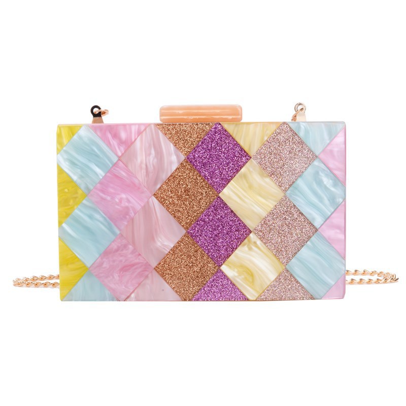 Nuevas bolsas de cena de damas transfronterizas empalmadas rango acrílico bolsas de cena de hombro de una sola mano de boda inclinada